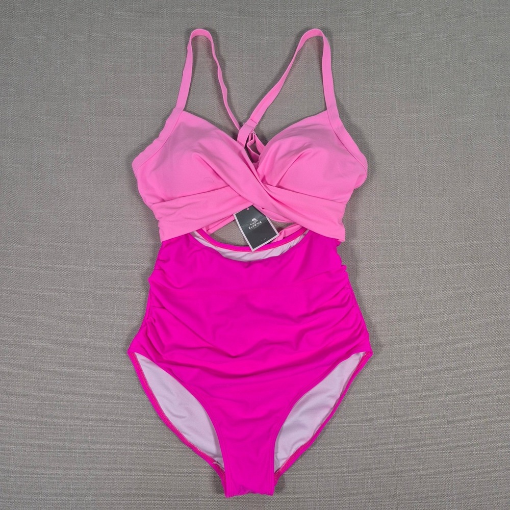 Eomenie Pink Twist Front Cutout Ruched‎ Tummy Conntrol Swimsuit Medium NWT